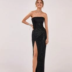 Milla Fancy Shimmering Maxi Dress With The High Slit And Bow Trail