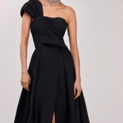 Milla COLLECTIONS Black Taffeta Evening Gown With A High Slit And One-shoulder Wrap Top