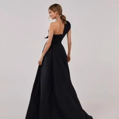 Milla COLLECTIONS Black Taffeta Evening Gown With A High Slit And One-shoulder Wrap Top