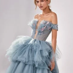 Milla COLLECTIONS Multi-layered Ball Evening Gown With Off-the-shoulder Feather Top