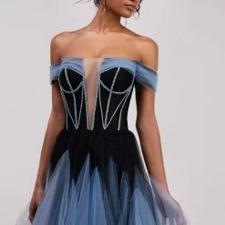 Milla Off-the-shoulder Tulle Cocktail Gown With The Mixed Skirt And Plunging Neckline