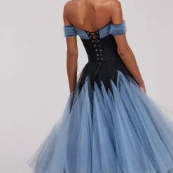 Milla Off-the-shoulder Tulle Cocktail Gown With The Mixed Skirt And Plunging Neckline