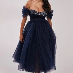 Milla COLLECTIONS Tender Off-the-shoulder Midi Dress With Shiny Rhinestones