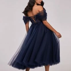 Milla COLLECTIONS Tender Off-the-shoulder Midi Dress With Shiny Rhinestones