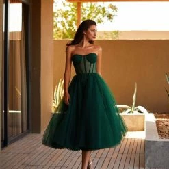 Milla Emerald Green Strapless Puffy Midi Tulle Dress COLLECTIONS