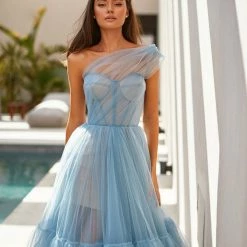 Milla Light Blue One-Shoulder Cocktail Tulle Dress COLLECTIONS