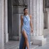 Milla COLLECTIONS Light Blue Mock Neck Sleeveless High Slit Dress