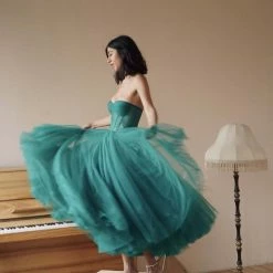 Milla COLLECTIONS Bottega Green Strapless Puffy Midi Tulle Dress