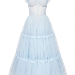 Milla Light Blue Ruffled Tulle Midi Dress