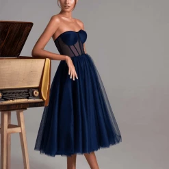 Milla Navy Strapless Puffy Midi Tulle Dress COLLECTIONS