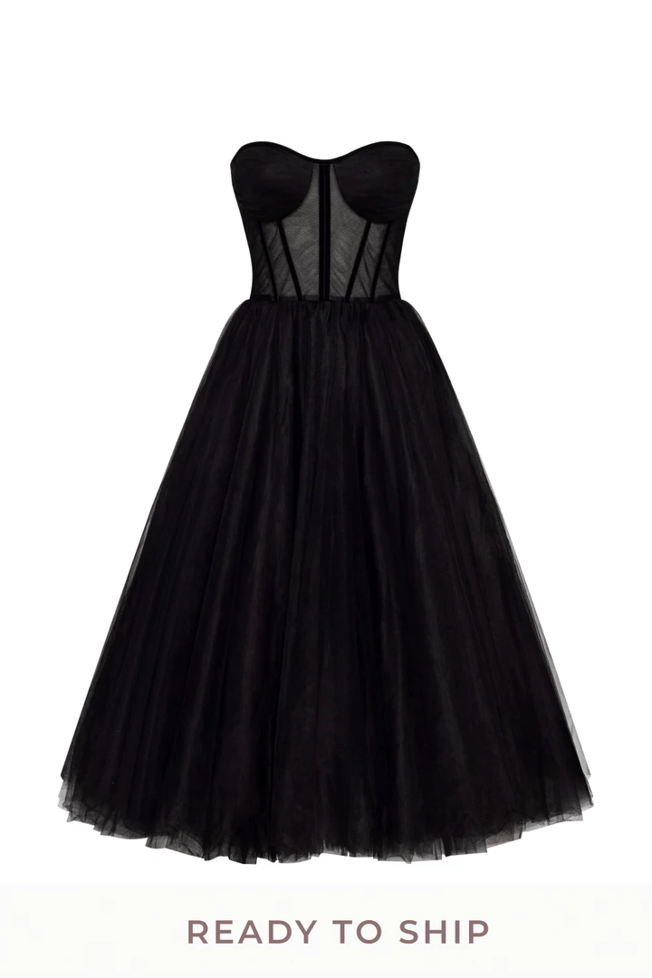 Milla Black Strapless Puffy Midi Tulle Dress COLLECTIONS 4 Milla Black Strapless Puffy Midi Tulle Dress COLLECTIONS
