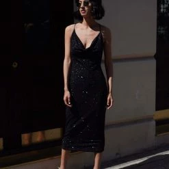 Milla COLLECTIONS Black Shimmer Midi Slip Dress