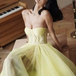 Milla Yellow Strapless Puffy Midi Tulle Dress COLLECTIONS