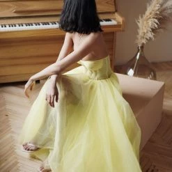 Milla Yellow Strapless Puffy Midi Tulle Dress COLLECTIONS