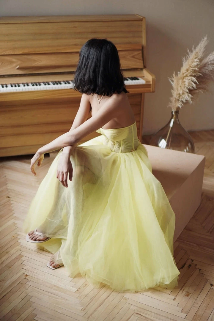Milla Yellow Strapless Puffy Midi Tulle Dress COLLECTIONS 4 Milla Yellow Strapless Puffy Midi Tulle Dress COLLECTIONS