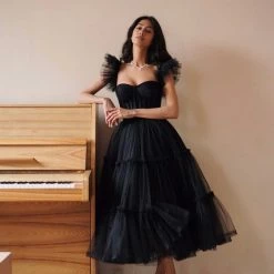 Milla Black Ruffled Tulle Midi Dress