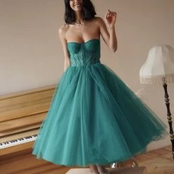 Milla COLLECTIONS Bottega Green Strapless Puffy Midi Tulle Dress