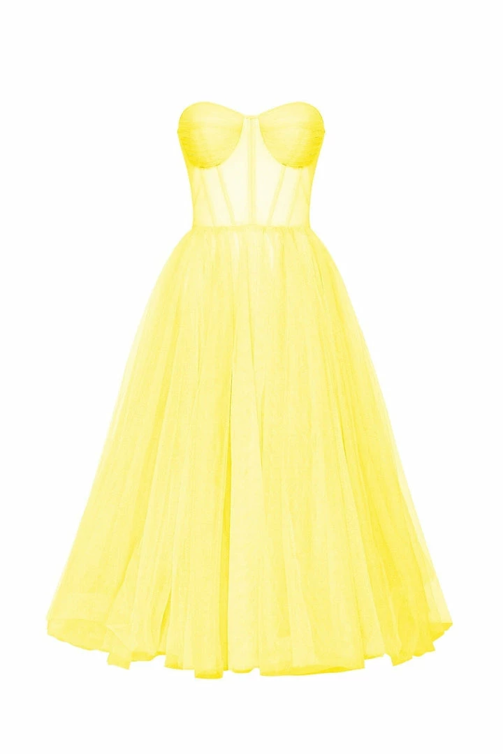 Milla Yellow Strapless Puffy Midi Tulle Dress COLLECTIONS 5 Milla Yellow Strapless Puffy Midi Tulle Dress COLLECTIONS