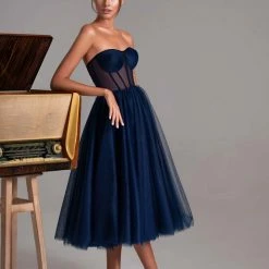Milla Navy Strapless Puffy Midi Tulle Dress COLLECTIONS