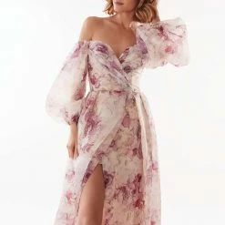Milla Pink Peony Elegant Floral Puff Sleeve Maxi Dress