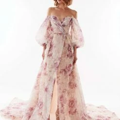 Milla Pink Peony Elegant Floral Puff Sleeve Maxi Dress