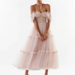 Milla Misty Rose Ruffled Tulle Midi Dress