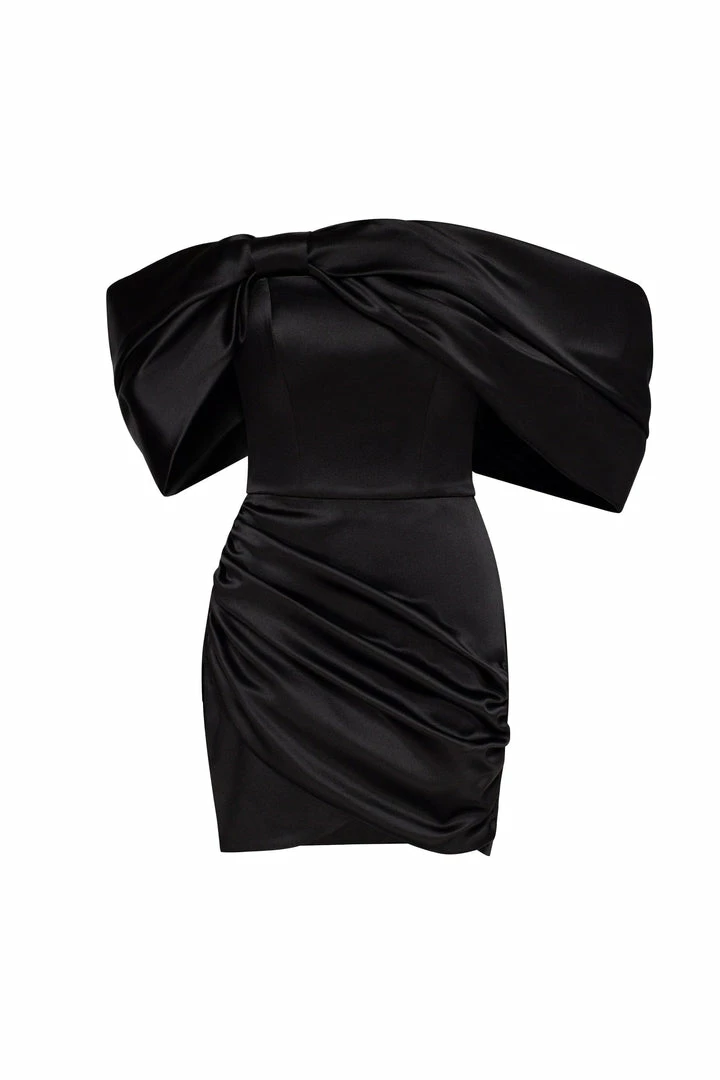 Milla COLLECTIONS Black Ruched Bow-neckline Party Mini Dress 6 Milla COLLECTIONS Black Ruched Bow-neckline Party Mini Dress