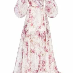 Milla Pink Peony Elegant Floral Puff Sleeve Maxi Dress
