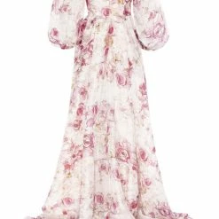 Milla Pink Peony Elegant Floral Puff Sleeve Maxi Dress