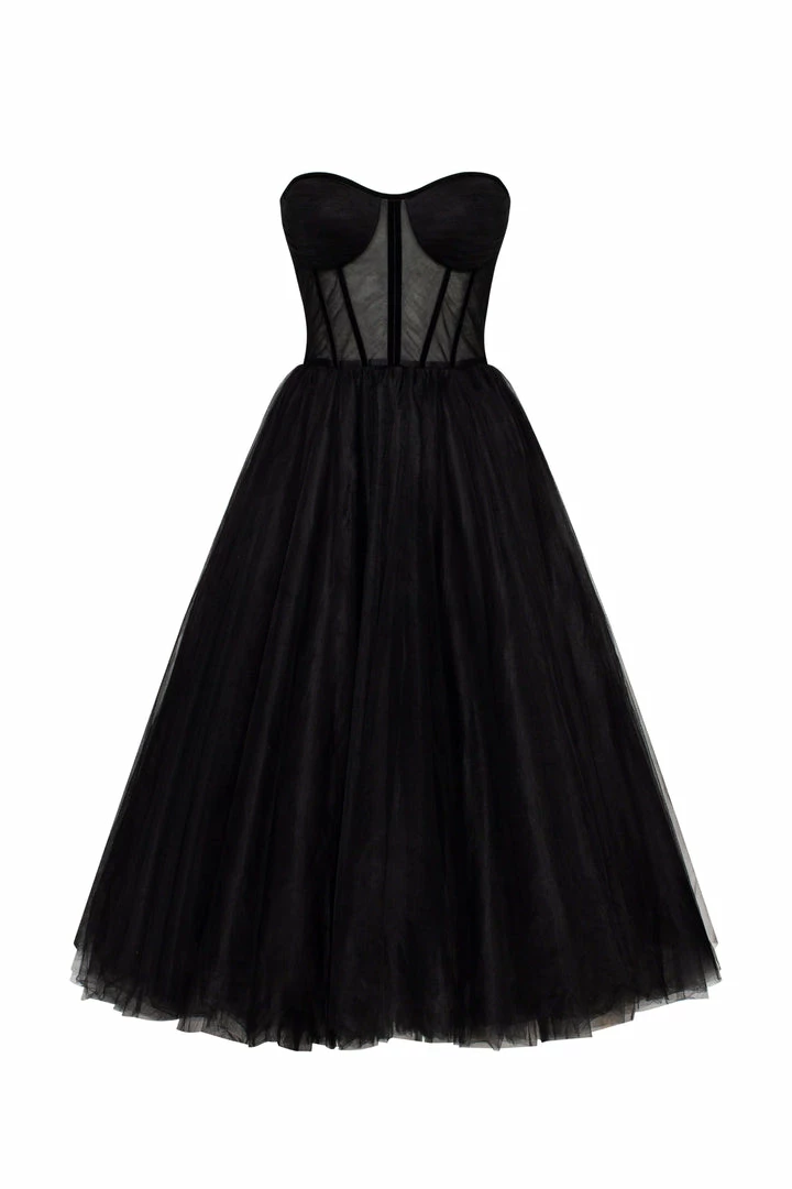 Milla Black Strapless Puffy Midi Tulle Dress COLLECTIONS 6 Milla Black Strapless Puffy Midi Tulle Dress COLLECTIONS