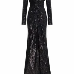 Milla Long Sleeved V-neck Black Sequin Dress
