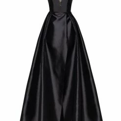 Milla COLLECTIONS Black Classic Atlas Dress With Plunging Neckline And High Slit