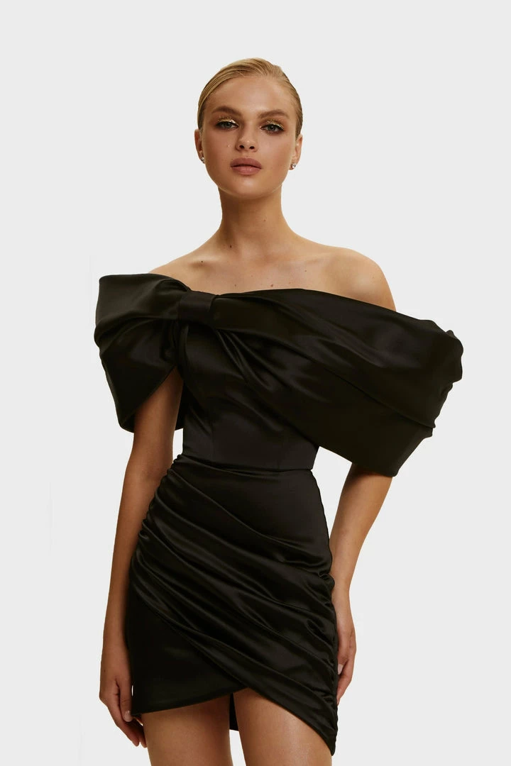 Milla COLLECTIONS Black Ruched Bow-neckline Party Mini Dress 13 Milla COLLECTIONS Black Ruched Bow-neckline Party Mini Dress