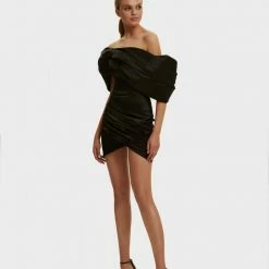 Milla COLLECTIONS Black Ruched Bow-neckline Party Mini Dress 16 Milla COLLECTIONS Black Ruched Bow-neckline Party Mini Dress