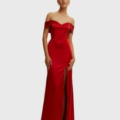 Milla Classy Drop-shoulder Red Satin Dress