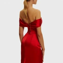 Milla Classy Drop-shoulder Red Satin Dress
