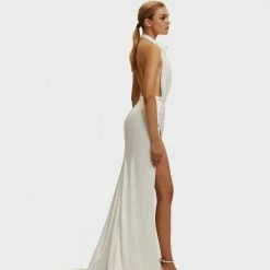Milla White Mock Neck Sleeveless High Slit Dress