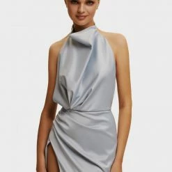 Milla COLLECTIONS Light Blue Mock Neck Sleeveless High Slit Dress