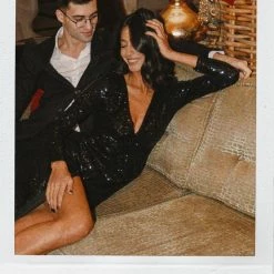 Milla Long Sleeved V-neck Black Sequin Dress