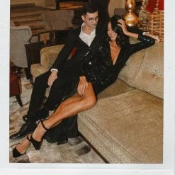 Milla Long Sleeved V-neck Black Sequin Dress